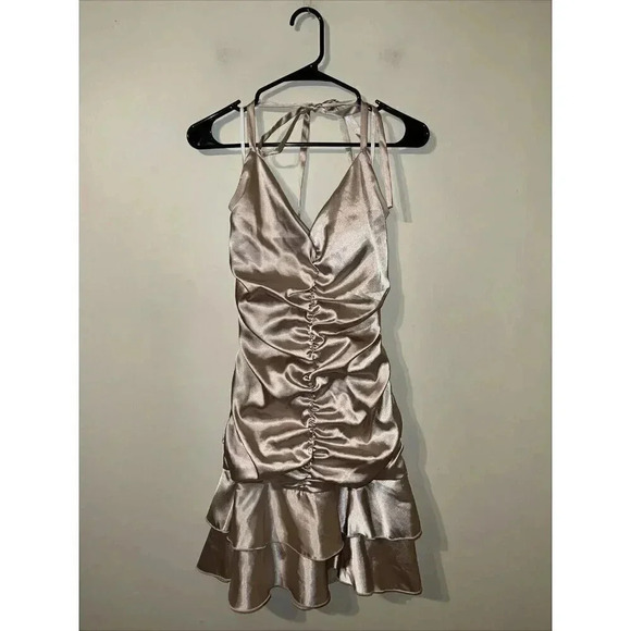Vintage Y2K Jessica McClintock Ruffle Halter Dress Champagne Gold Women Size 10 - Picture 1 of 6